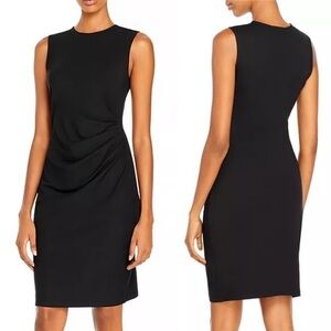 Theory Draped Front Pleated Waist Black Sheath Dress Wool Blend Office Size 6